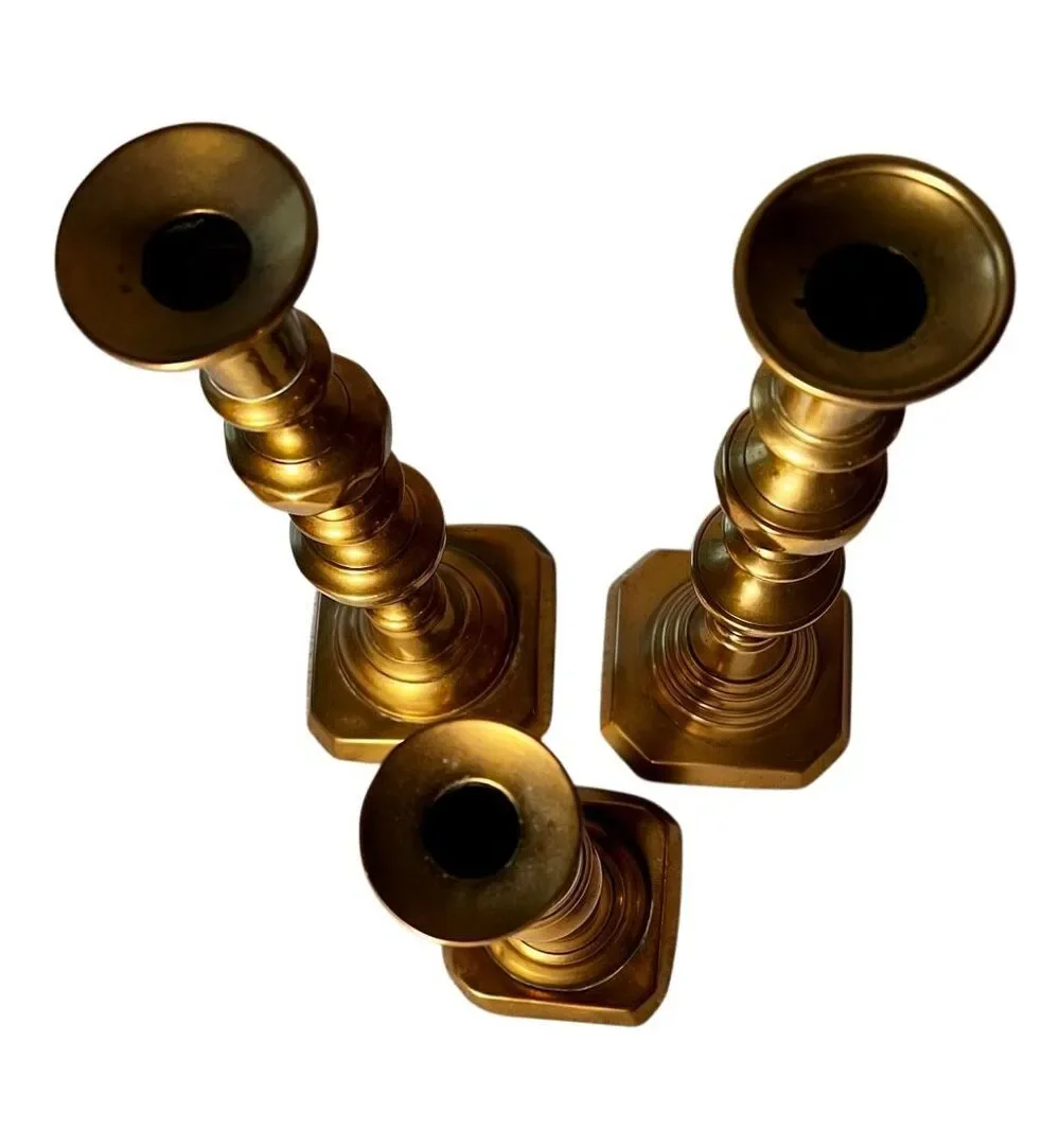 Vintage Brass Candle Stick Holders Beehive Faceted Knobs Square Base Lot of 3